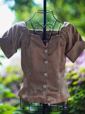 Vintage Lerner Champagne Satin Blouse - 1950s Style - Notched Neck